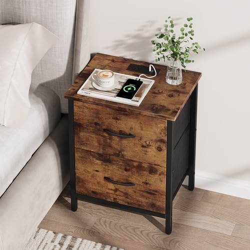 Vagusicc Nightstand with Charging Station, Bedside Table with USB Ports and Outlet, End Table Side Table with 2 Fabric Drawers for Bedroom, Living Room, Rustic Brown - Image 7