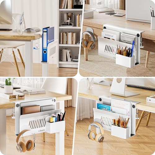 Litwaro Desk Side Storage Organizer, Under Desk Laptop Holder No Drill, Laptop Mount with Magnetic Pen Holder, Hanging Desk Organizer Fits Flat Edge Desks 0.4" to 2.1" (White) - Image 7