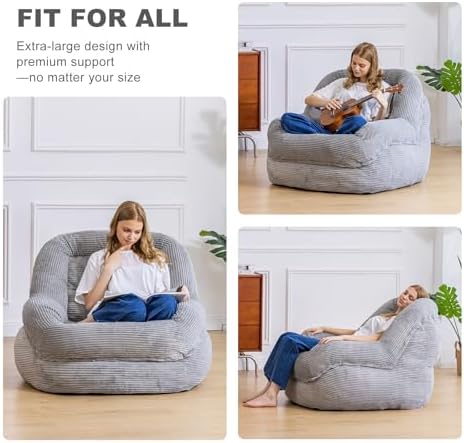 Giant Bean Bag Chair for Adults, Oversized Floor Lounge Chair with Armrests | Grey, soft corduroy and resilient foam for living rooms, bedrooms, reading nooks, gaming rooms, movie nights, and pets - Image 5