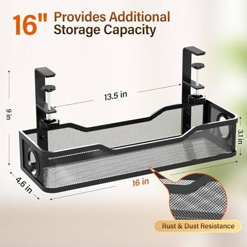 [Upgraded] 2 Pack Under Desk Cable Management Tray, Cinati Cord Organizers for Table Thickness up to 3", 16" Wire Organization with Clamp No Drill, Cable Management Box for Office - No Damage to Desk - Image 6
