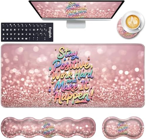 Keyboard Wrist Rest and Mouse Pad with Wrist Support Set Ergonomic Coaster,Memory Foam,Easy Typing Pain Relief,XL Desk Mat 31.5"x 11.8",Stay Positive Work Hard and Make It Happen Inspirational Quotes by CICPLKSE