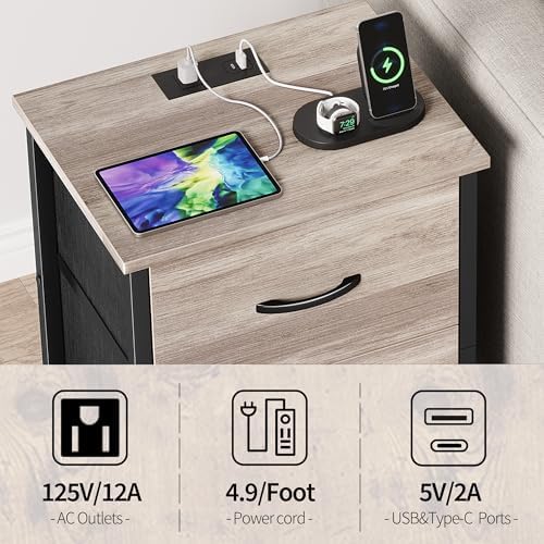 Vagusicc Nightstand with Charging Station, Bedside Table with USB Ports and Outlet, End Table Side Table with 2 Fabric Drawers for Bedroom, Living Room, Greige - Image 4