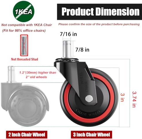 Office Chair Caster Wheels Replacement 3 Inch Roller Blade, Set of 5 | Tangle-Free Heavy Duty Quiet No Scratch Gaming Chair Wheel for Hardwood Floor Carpet, Universal Fit/Not Fit 1KEA - Image 3