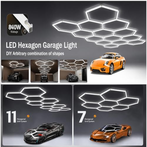 Hexagon LED Garage Light, 64500LM Ultra Bright 14-Hexagon 58-Tube Honeycomb Ceiling Lights, 6000K Daylight for Garage Gym, Car Detailing, Workshop, Warehouse & Auto Studio, DIY Hex Lights - Image 2
