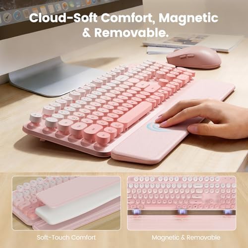 Wireless Keyboard and Mouse Combo, Magnetic Soft-Touch Wrist Rest, Pink - Image 3