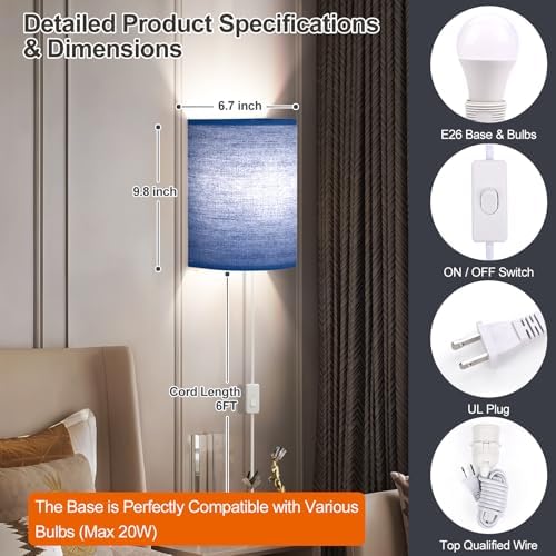 Yunaking Plug in Wall Sconces Set of Two Wall Lights with On/Off Switch - Image 4