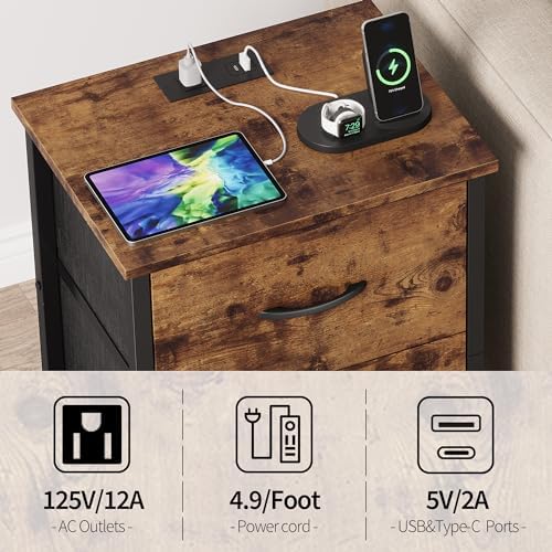 Vagusicc Nightstand Set of 2 with Charging Station, End Table Bedside Table with Power Outlet & USB Ports, Side Table with 2 Fabric Drawers for Bedroom, Living Room, Rustic Brown - Image 4