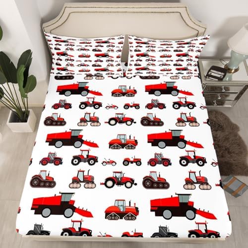 Erosebridal Red Tractor Bed Sheets Full Size Heavy Equipment Truck Sheet Set Kids Boys Girls Teens Harvester Tractor Bedding Set Construction Excavator Farm Equipment Fitted Sheet - Image 2