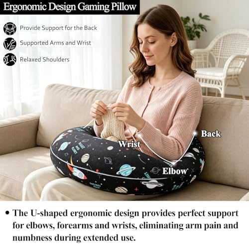 Ergonomic U-Shaped Gaming & Lap Pillow for Crocheting - Cute Rockets & Planets Crochet Pillow with Elbow & Arm Support, Lap Desk Pillows for Reading, Playing or Crocheting, Suitable for Adults - Image 3