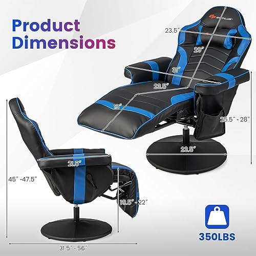 Goplus Gaming Chair, Height Adjustable Massage Video Game Chair with Retractable Footrest, Cup Holder, Headrest, Swivel Office Chair, Racing Style Swivel Gamer Chair (Blue) - Image 3