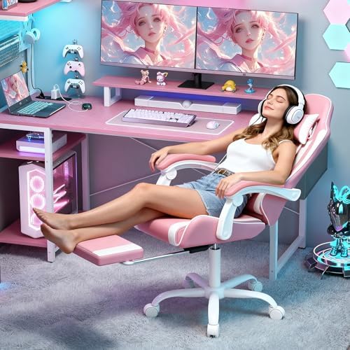 Magshion Video Gaming Computer Chair with Footrest, Pink/White | Ergonomic, Lumbar Support, Adjustable Height, Racing Style, High Back Recliner, Comfy Leather, Swivel Seat, for Home Office - Image 4