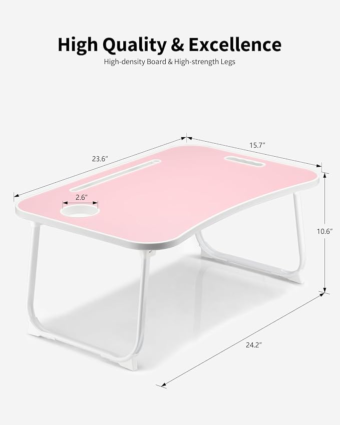 Foldable Lap Desk, Laptop Bed Desk, Portable Lap Table, Laptop Bed Table with Cup Holder & Tablet Slot & Lifting Handle for Working Writing Drawing & Eating - Baby Pink - Image 4