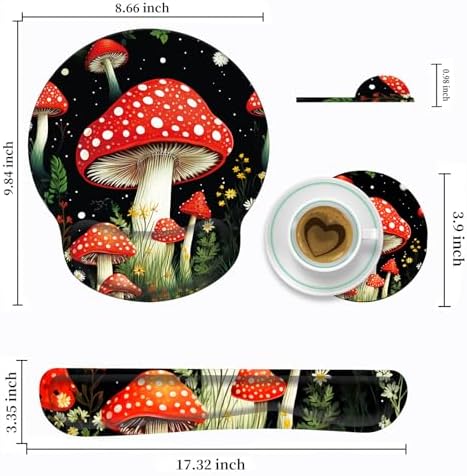 Keyboard Wrist Rest and Mouse Pad Wrist Support Set with Coasters,Ergonomic Gaming Mousepad for Home Office Working Studying Easy Typing & Pain Relief,Cute Forest Mushroom - Image 2