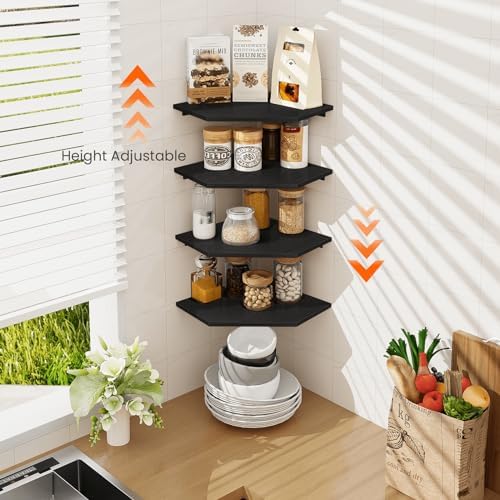Homode Corner Floating Shelves, Corner Shelves Wall Mounted with Cord Hole, 4 Tier Diamond Shape Corner Hanging Shelving for Wall Storage, for Cable Box, TV Cords, Books, Plants, Black - Image 5