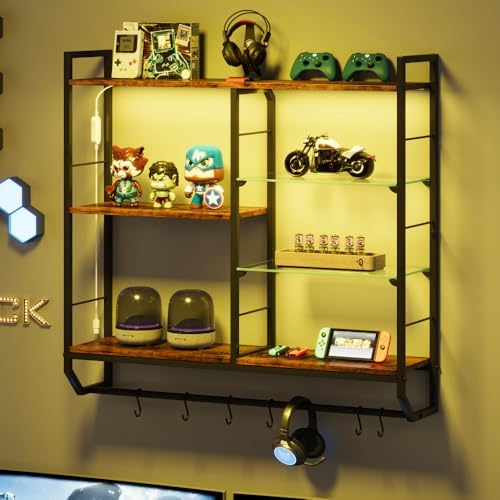 EYCOAL Gaming Floating Shelves, Wall Mounted Wooden Decor Display Shelf with 34" LED Lights and Adjustable Glass Bar Wine Shelf, Extra Hanging Hooks Storage for Gaming Room and Living Room - Image 5