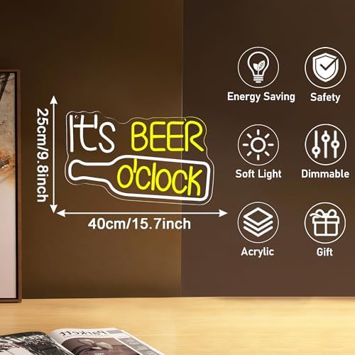 Mutank It'S Beer O'Clock Neon Sign, Beer Neon Light USB Powered LED Dimmable, for Bar Game Room Nightclub Restaurant Beer Sign Men'S Cave Garage Court Decor(15.7 * 9.8 In) - Image 7