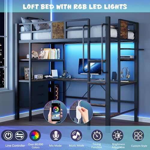 Garvee Twin Loft Bed with Desk and Stairs, Heavy Duty Loft Bed with RGB LED Lights, Charging Station, 3 Fabric Storage Drawers & 2 Open Shelves, No Box Spring Needed-Matte Black - Image 3