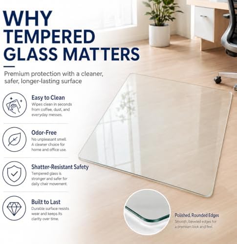 40 x 48 Inch Glass Chair Mat, 1/5 Inch Thick Tempered Glass Office Chair Mat for Carpet and Hardwood Floors, Heavy Duty Clear Computer Desk Floor Protector with 4 Anti-Slip Pads - Image 4