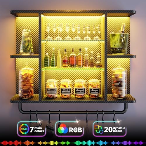 REIBII 34" Gaming Floating Shelves, LED Wall Mounted Shelf with Adjustable Glass Shelf, 7 Tiers Display Rack with 8 S-Hook, Gaming Room Decor Wine Coffee Bar, Black Carbon Fiber - Image 3