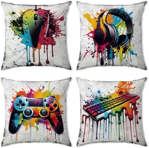 Gaming Pillow Cover for Boys Room Graffiti Game Throw Pillow Cover Sofa Couch Decor 18x18 Set of 4 Teen Video Gamepad Headphones Decorative Cushion Cases Playroom Outdoor Patio Furniture Decoration by YOOOAHU