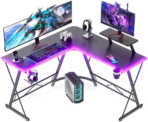 Mr IRONSTONE Gaming Desk with LED Lights, L Shaped Desk Corner with Cup Holder & Headphone Hook, Computer Desk Home Office Desks with Large Monitor Stand, Carbon Fiber Surface, Black 51 Inch by MrIRONSTONE