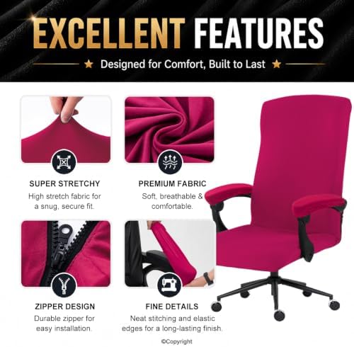 Stretch Computer Office Chair Cover with Armrest Covers Durable Zipper Universal Washable Removable Spandex Rotating Boss Chair Slipcovers Anti-dust Soft Desk Chair Seat Protector, Hot Pink - Image 4