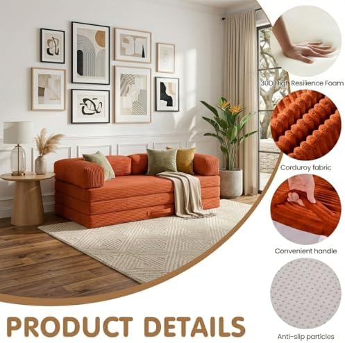 Convertible Sofa Bed Queen,5-in-1 Boneless Couch with Removable Armrests & Handle,Corduroy Futon Sleeper Sofa,Floor Folding Mattress Pull Out Bed for Small Space Apartment Living Room Bedroom,Orange - Image 6