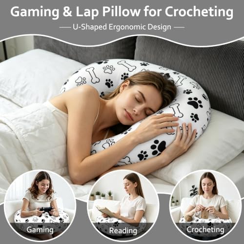 Ergonomic U-Shaped Gaming & Lap Pillow for Crocheting - Cute Dog Paws Crochet Pillow with Elbow & Arm Support, Lap Desk Pillows for Reading, Playing or Crocheting, Suitable for Adults - White - Image 5