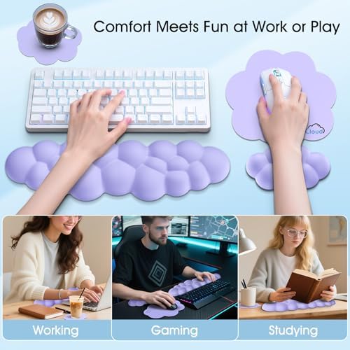 Cloud Wrist Rest Keyboard Cushion and Cloud Mouse Pad, Purple | 4-in-1 Ergonomic Cloud Keyboard Wrist Rest Set, Memory Foam, Arm Support for Palm, Cute Desk Accessory for PC Gaming Setup - Image 6