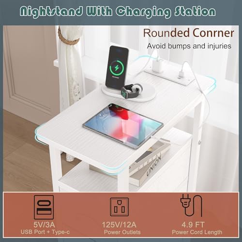 Sthmec End Table with Charging Station,Narrow Side Tables with USB Ports and Outlets,Skinny Bedside Tables with 3 Drawers,Small Tables Nightstands for Small Space,Slim Sofa Table for Livingroom, White - Image 4