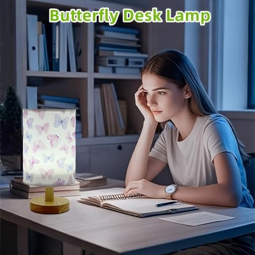 Butterfly Kids Table Lamp for Bedroom,Kids Bedside Lamps 3 Colors Dimmable Nightstand Night Light with Cartoon Flaxen Fabric Shade Desk Lamp for Girls Boys Room Nursery Decor,Butterfly Gifts for Girls - Image 5