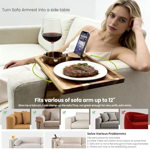 360° Detachable Rotating Acacia Wood Sofa Arm Tray Table, Serving Tray Clip On Couch Armrest Table with Cup Holder & Phone Stand, TV Dinner Tray for Eating on Sofa, TV Trays Fits for Small Spaces - Image 4