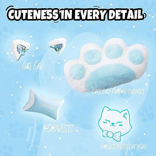 Vigosit Cat Ears Gaming Chair - Ergonomic PU Leather Office Chair, Cute Chair with Footrest for Adult 310lbs Capacity, 90°-155° Reclining paw Pillow, Blue - Image 3