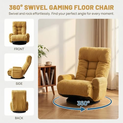 360° Swivel Floor Gaming Chair Yellow Teddy Folding Chaise Lounge Chair Adjustable Comfy Sofa Chair with Armrests, Phone Holder & Padded Cushion, Ideal for Living Room, Bedroom - Image 4
