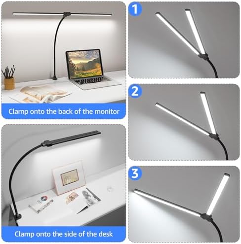ShineTech LED Desk Lamp for Home Office, 5000K Bright Double Head Architect Task Lamps with Clamp, Dimmable Adjustable Flexible, Black - Image 6