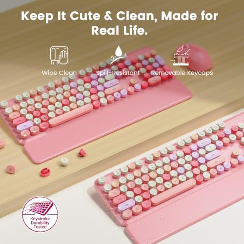Wireless Keyboard and Mouse Combo with Magnetic Wrist Rest, Round Keycaps, Full-Size Retro Typewriter-Style Keyboard, Two-Stage Tilt Legs, Auto-Sleep, 2.4GHz for Windows PC Laptop, Pink Colorful - Image 4
