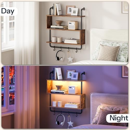 HOOBRO Floating Shelves with LED Lights, 29.5" LED Wall Mounted Gaming Shelf, 3-Tier Pipe Display Rack with Hanging Rod and 4 S-Hooks, for Storage Livingroom, Bedroom, Rustic Brown and Black BF21DBJ01 - Image 5