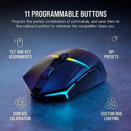 Corsair NIGHTSABRE RGB Wireless Gaming Mouse for FPS, MOBA - 26,000 DPI - 11 Programmable Buttons - Up to 100hrs Battery - iCUE Compatible - Black - Image 3