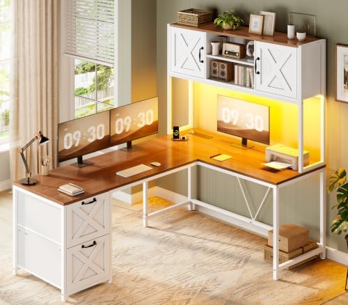 SEDETA Reversible Farmhouse L Shaped Computer Desk with Drawers, Hutch by SEDETA