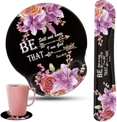 Keyboard Wrist Rest and Mouse Pad Wrist Support Set with Coffee Coaster, Non-Slip PU Base for Gaming and Office, Comfortable & Lightweight for Easy Typing & Pain Relief,Flower Bible Verse Psalm 46-10 by CICPLKSE