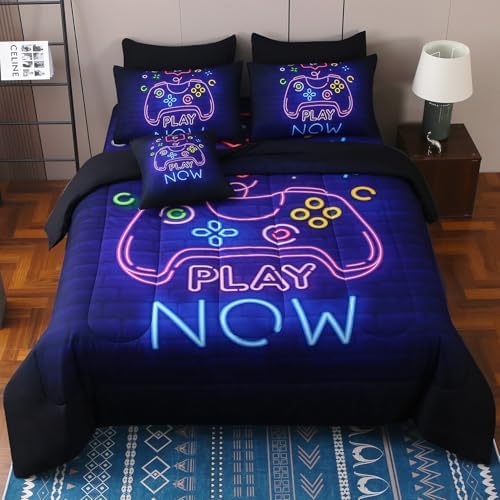 JQinHome Twin Gamer Comforter Set 6 Piece Bed in A Bag for Boys,3D Neon Light Up Design for Classic Console -All Season Soft Microfiber Down Alternative Comforter Gamer Bedding Sets for Kids (Purple) - Image 2