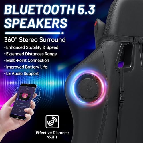 LED Gaming Chair with Speakers RGB Lights Massage Computer Chairs-Red | Bluetooth Game Chairs for Adults;Ergonomic High Back Video Game Chair; Reclining Gamer Chair with Footrest Lumbar Support - Image 4