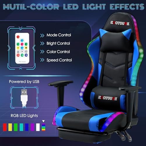 ECOTOUGE Gaming Chair Computer Chair with RGB LED Lights & Massage | High Back Ergonomic Chair for Adults with Footrest and Swivel Seat, Linkage Armrests& Headrest Lumbar Support, Black&Blue - Image 4