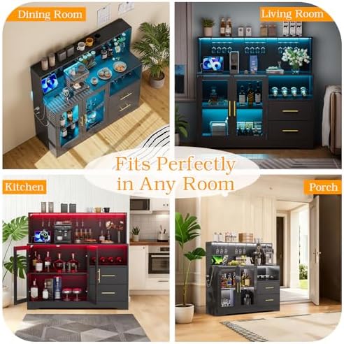 Home Bar Cabinet with Adjustable RGB LED Light, Wine & Coffee Storage with Rack & Drawers, Charging Station, Modern Liquor Cabinet for Living & Dining Room, All-in-One Wine Bar Cabinet (Black) - Image 7