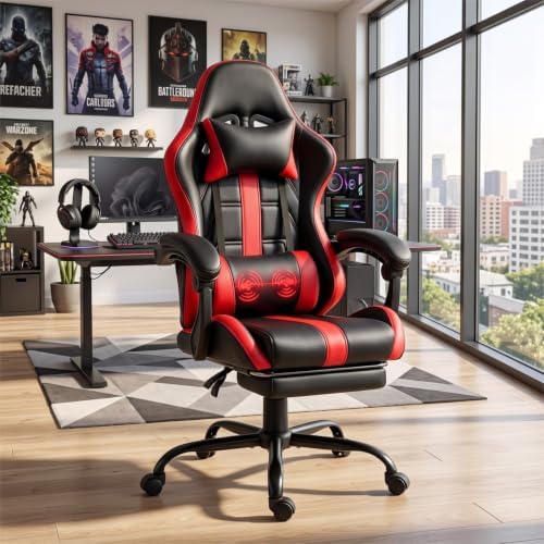 ECOTOUGE Massage Gaming Chair with Footrest & Lumbar Support, Red | Premium PU Leather; Ergonomic Massage Lumbar; 90-135° Recline; Height Adjustable; Retractable Footrest; 330Lbs Steel Frame - Image 2