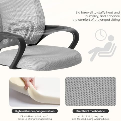 DUMOS Ergonomic Office Chair, Executive Desk Chair with Lumbar Support | Mid Back, Breathable Backrest, Fixed Armrest, Height Adjustable, 360° Swivel, Computer Gaming, Meeting, Grey - Image 5