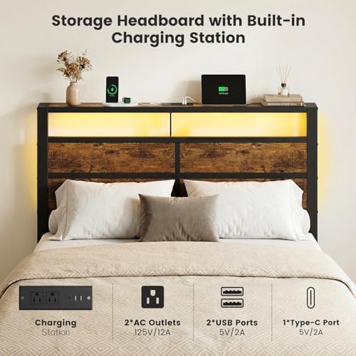 Full Size Metal Bed Frame with Storage Headboard, LED Lights - Image 3