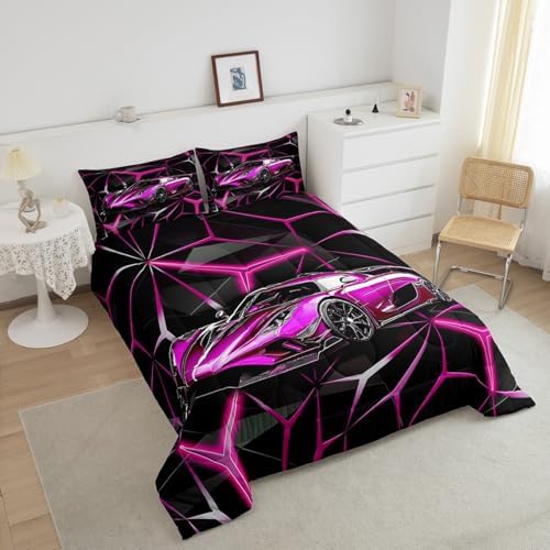 Feelyou Sports Car Comforter Set Full Size, Rose Pink Racing Car Bedding Set 3Pcs for Kids Boys Teens Bedroom Decor, Geometric Print Quilt Set with 2 Pillowcase - Image 3