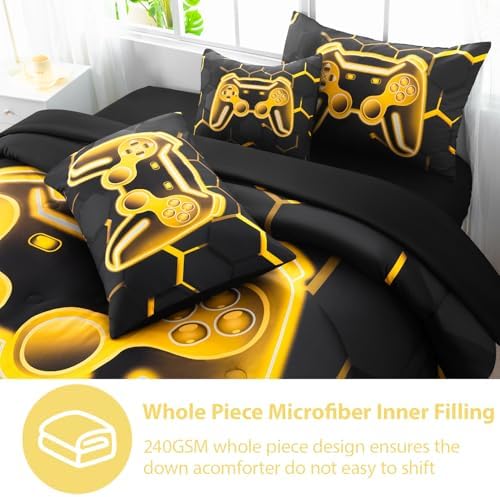 6 Pieces Gamer Comforter Set Full Size 3D Game Console Kids Bedding Set for Boys Black and Gold Gaming Comforter Set with Sheets Gamepad Printed Teen Boy Bed Sets (Gold, Full) - Image 5