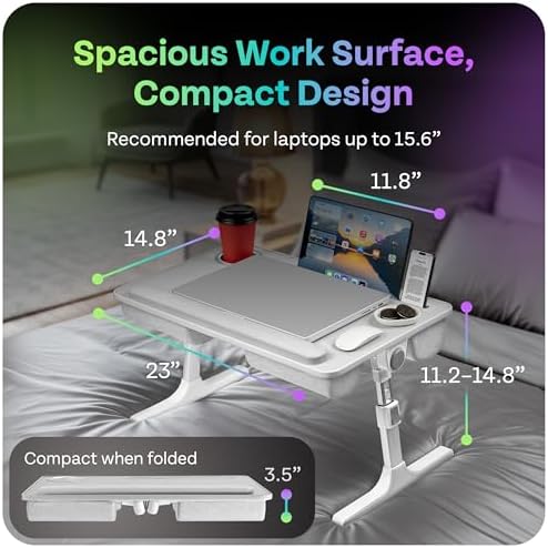 Lap Desk with Legs & Cushions: 2-in-1 Foldable Bed Desk for Adults - One-Touch Height Adjustment, Bed Table Tray Hold: up to 15.6“ Laptop, Mouse Cup Phone - Laptop Stand Desks for Bed (Gray) - Image 3